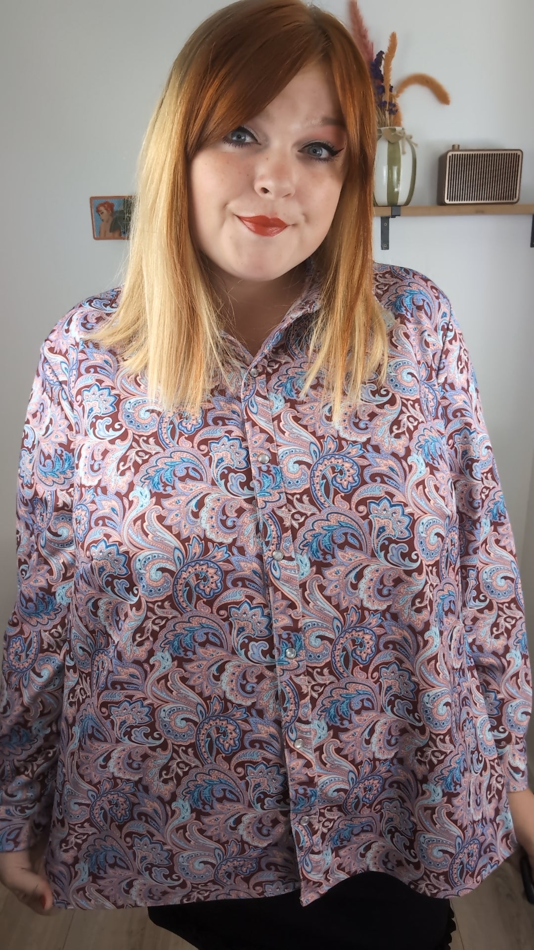 Chemise vintage années 90 fleurie baroque & boutons pressions nacrés - Taille 46/48