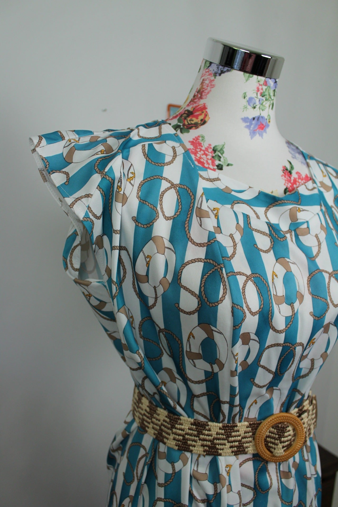 🌸🍒Robe vintage 80's Navy rayures turquoises & motifs nautiques - Taille 38 à 42🍒🌸