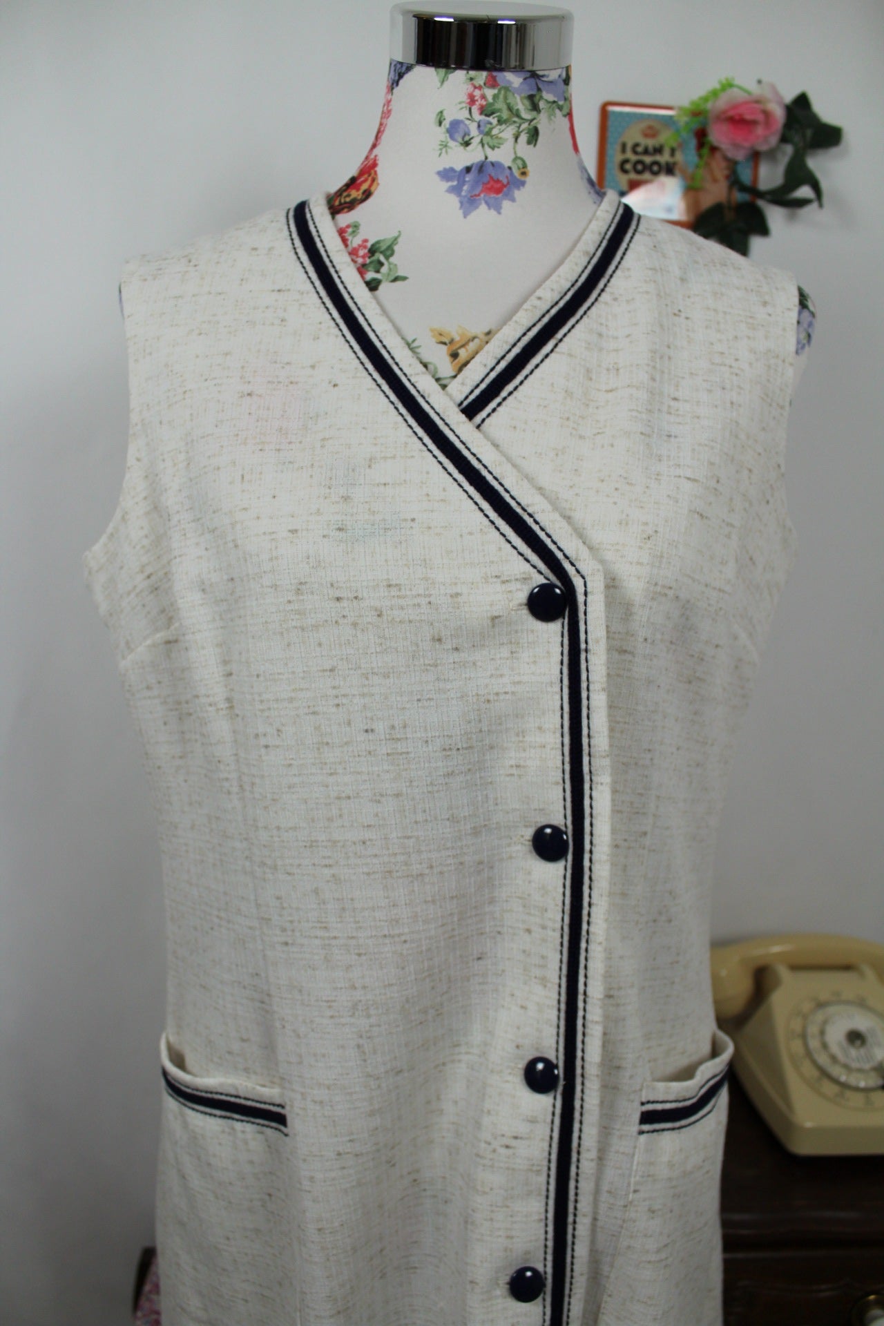 🍒🌸Robe vintage 80s crème chinée en lin - Taille 40🌸🍒