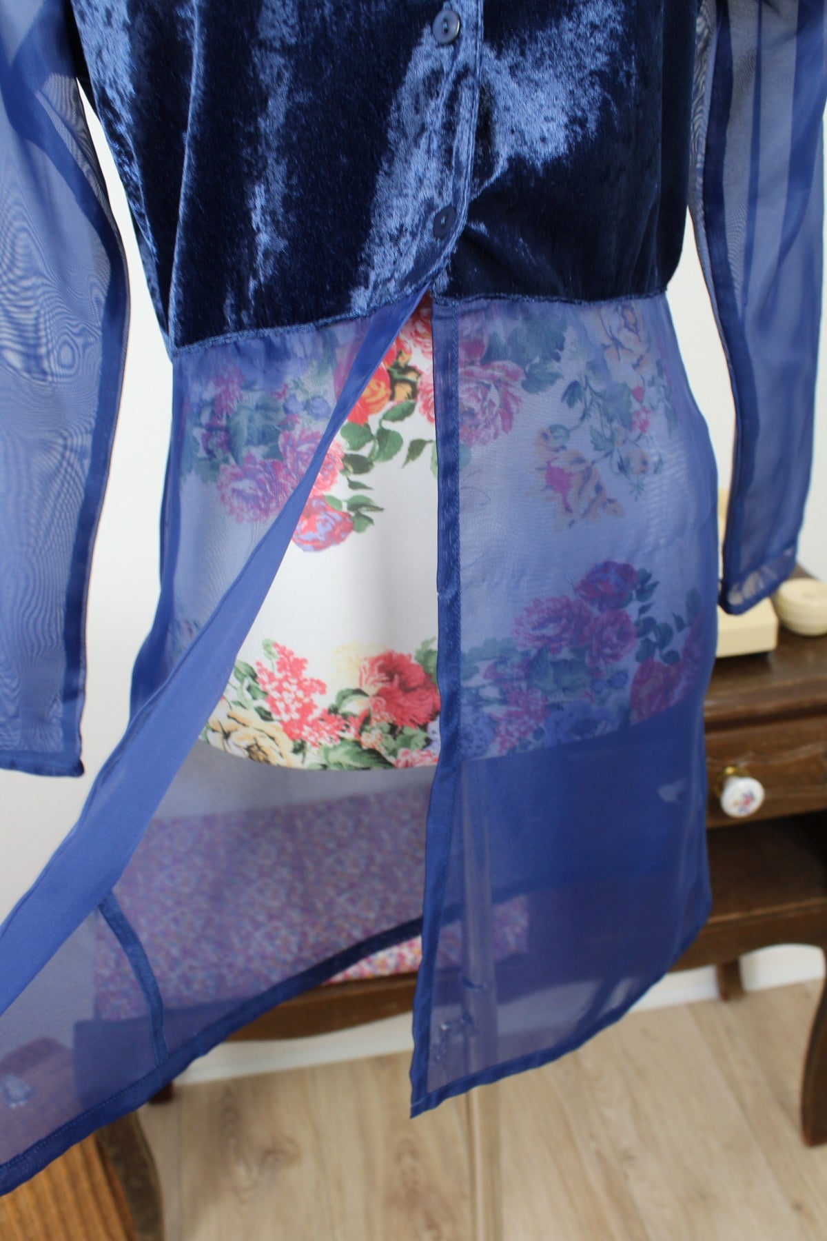 Blouse vintage années 90 bi matière velours satiné & transparence marine - Taille 38/40