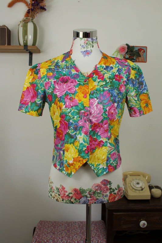 🌸🍒Blouse vintage années 80 Burton fleurs ultra colorées - Taille 36🍒🌸