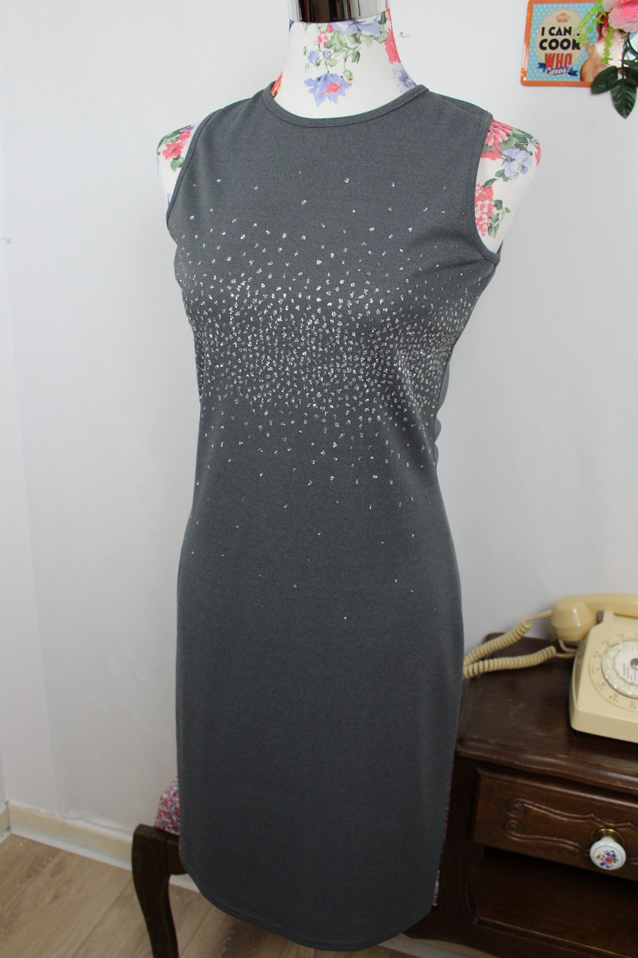 🌸🍒Robe vintage grise à strass 90's - made in U.K - Taille 34/36🌸🍒