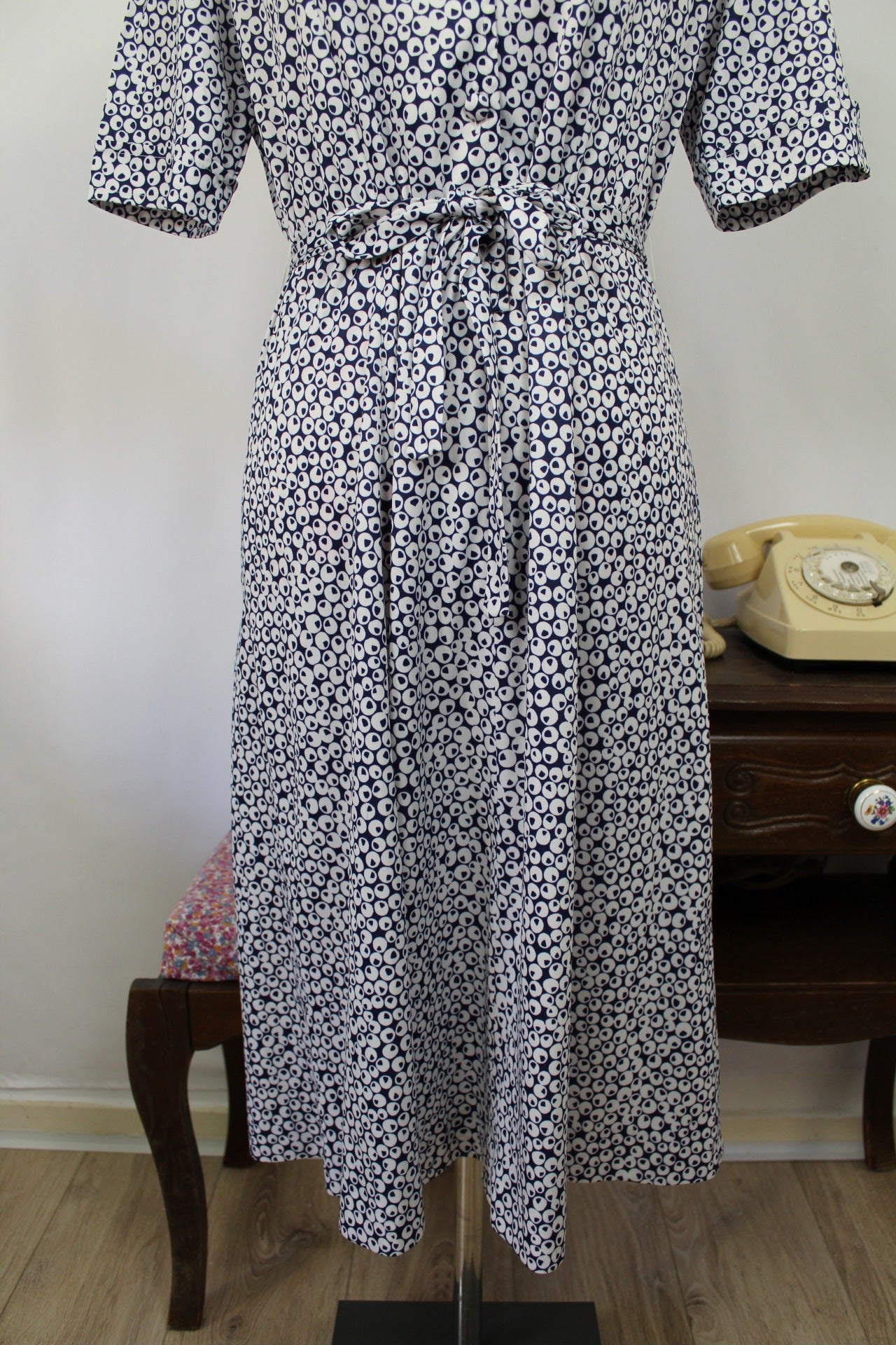 🍒🌸Robe chemisier vintage 80s à pois bleu marine - pin-up chic à la française - Taille 40/42🌸🍒