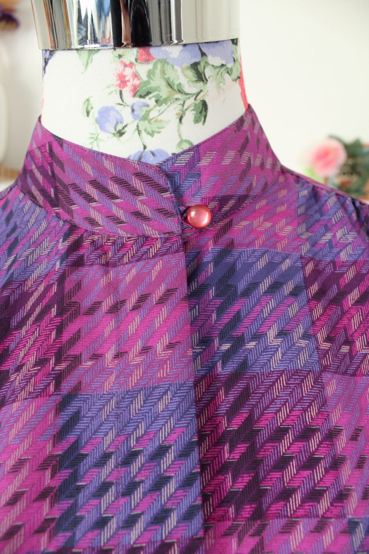 Chemise vintage années 80 violet à carreaux tartan col officier - Taille 38