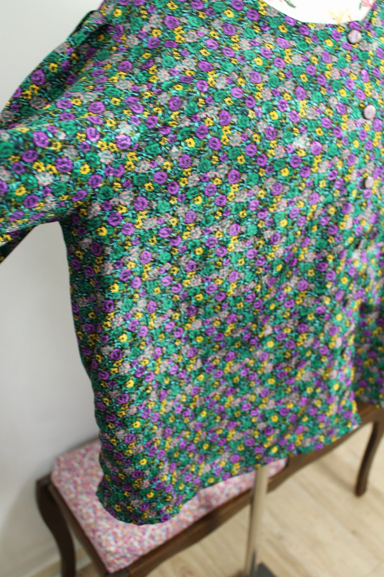 🌸🍒Blouse vintage 80/90s fait main fleurie - manches bouffantes & boutons nacrés - Taille 46/48🍒🌸