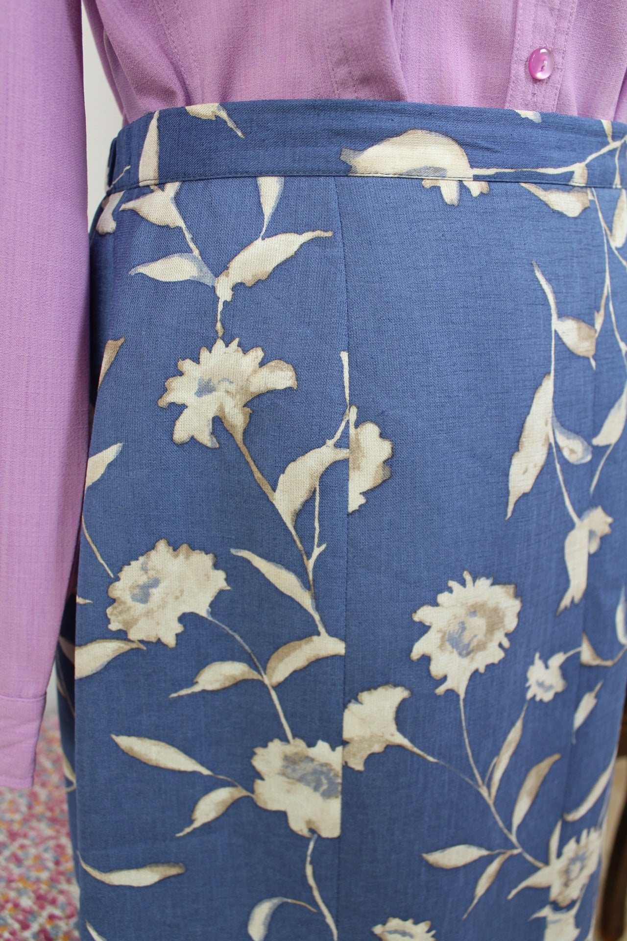 🍒🌸Jupe vintage 80's fleurie bleue et crème - Taille 38🌸🍒