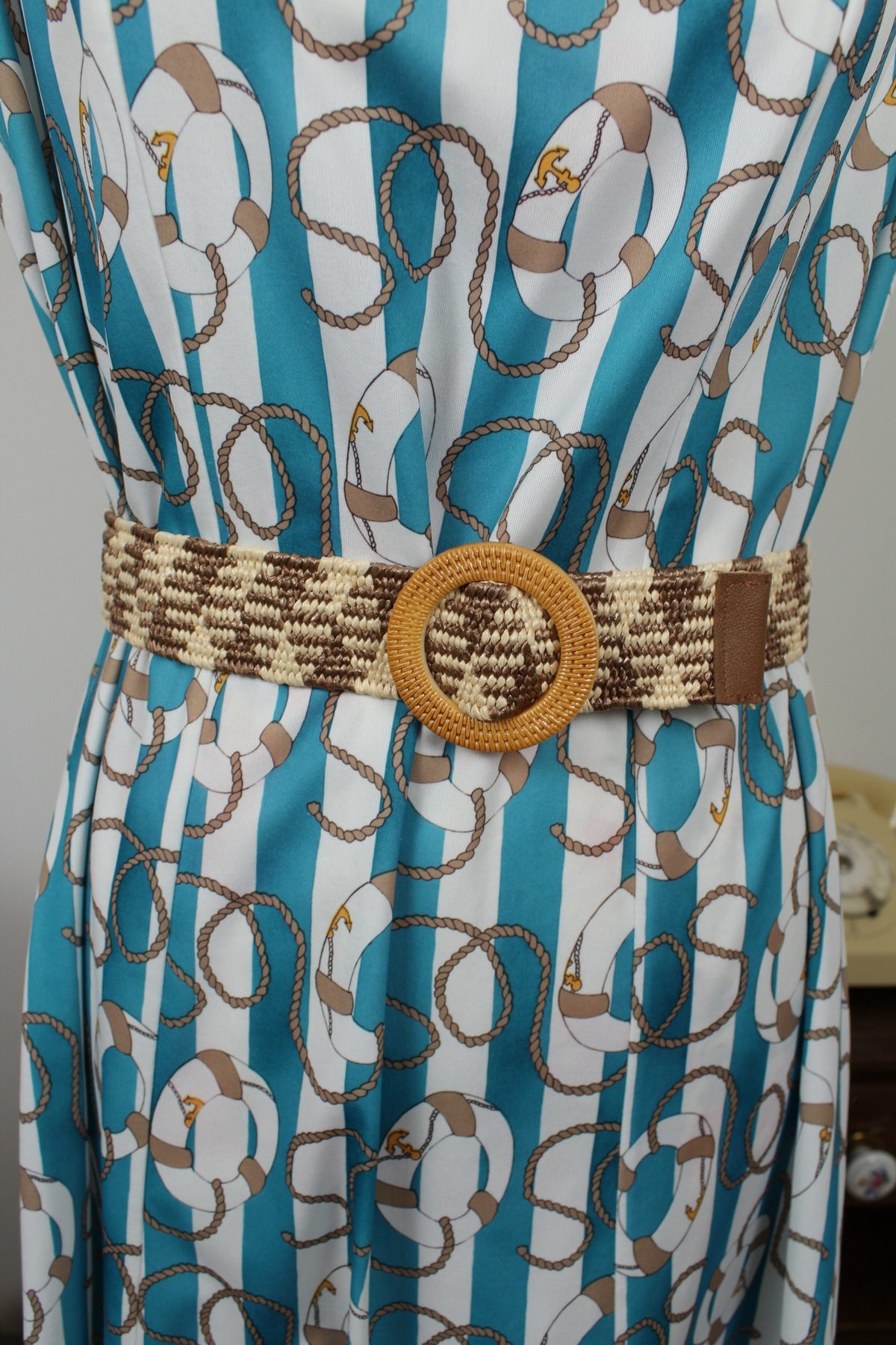 🌸🍒Robe vintage années 80 Navy rayures turquoises & motifs nautiques - Taille 38 à 42🍒🌸