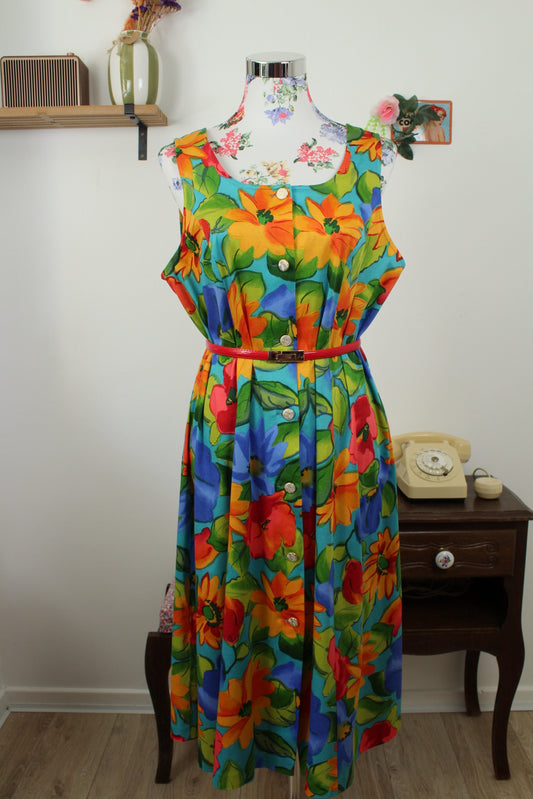 🌸🍒Robe vintage 80's fleurie en coton imprimé ultra coloré estivale - Taille 42🍒🌸