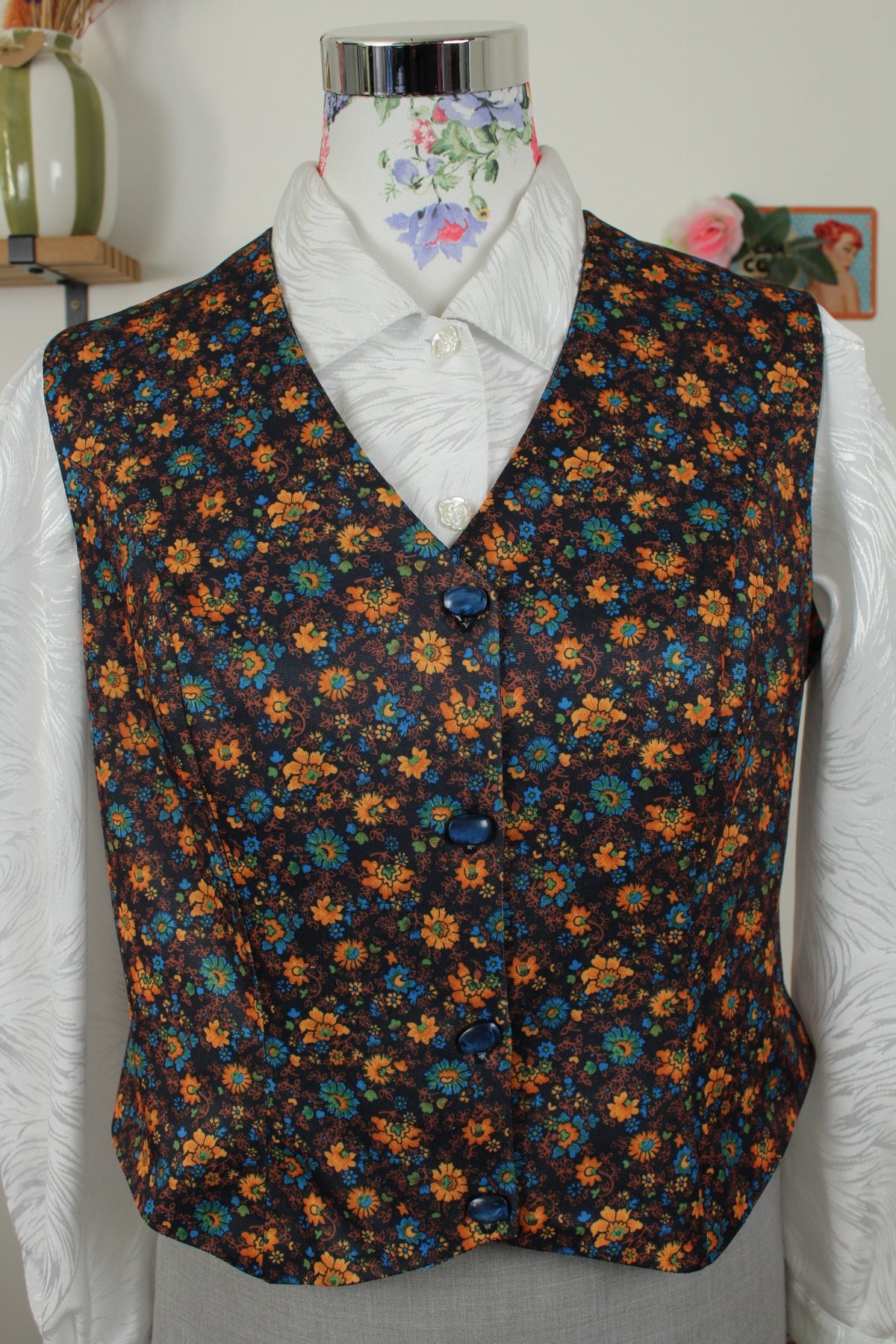 Gilet vintage années 70 esprit tapisserie vintage flower power automnal - Taille 40/42