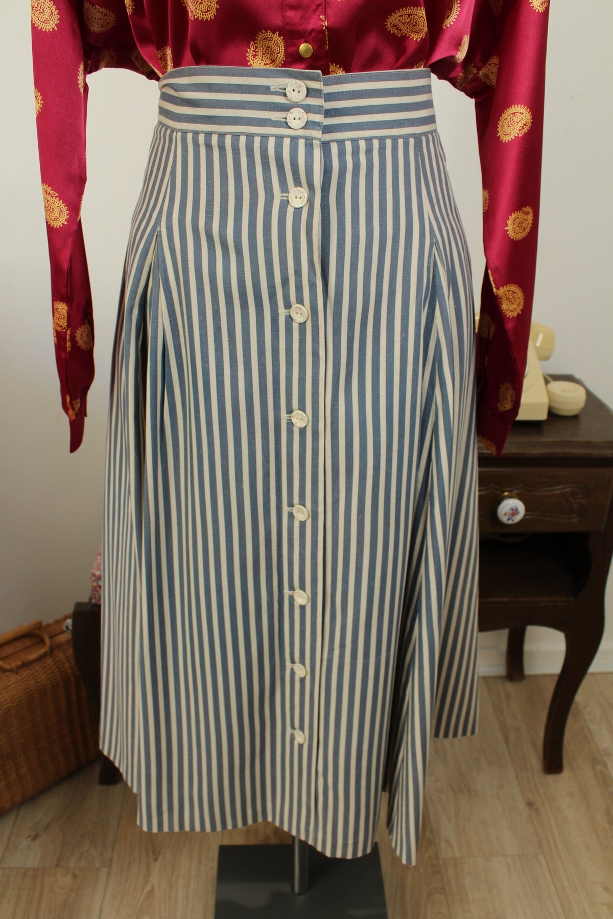 Jupe midi Navy vintage années 90 esprit marin à rayures en lin - Taille 42