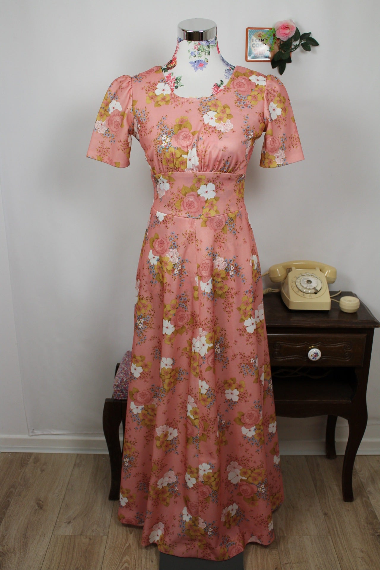 🌸🍒Robe longue vintage 70's bohème romantique rose poudrée fleurie - Taille 34/36🍒🌸