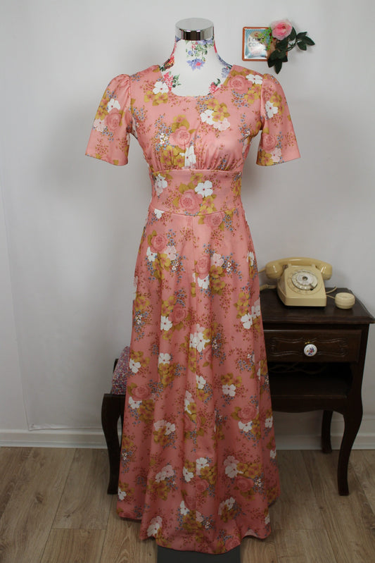 🌸🍒Robe longue vintage 70's bohème romantique rose poudrée fleurie - Taille 34/36🍒🌸