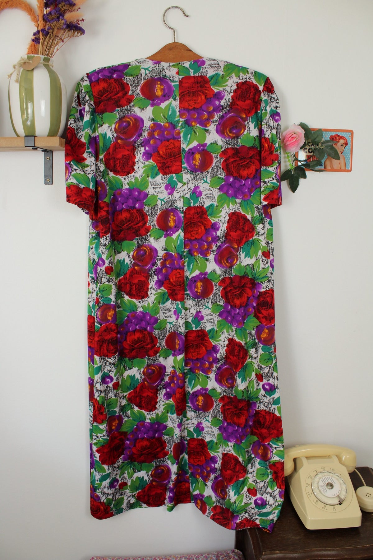 🌸🍒Robe vintage années 80 romantique - roses rouges & grappes de raisins - Taille 40/42🍒🌸