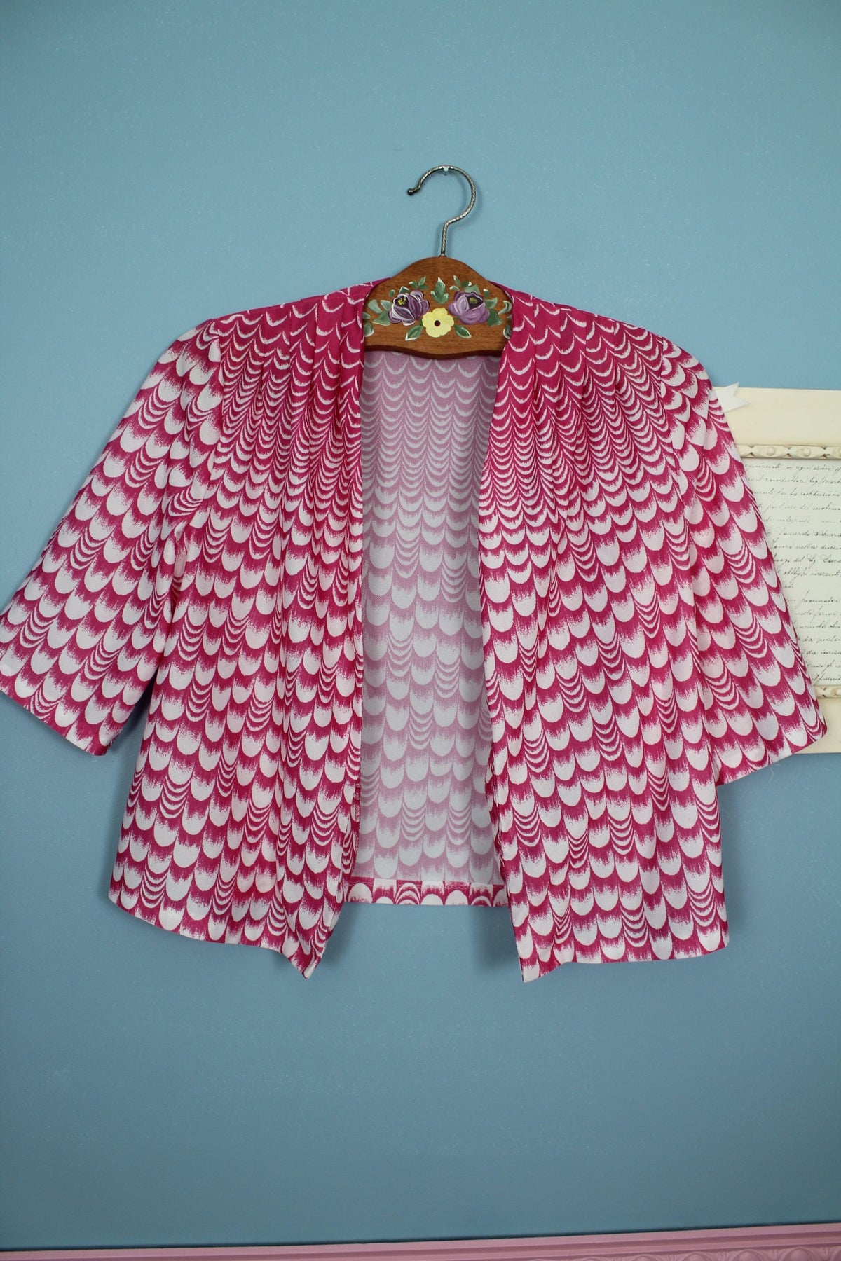 Ensemble robe + boléro vintage années 70 rose pep's motif coquille - Taille 36