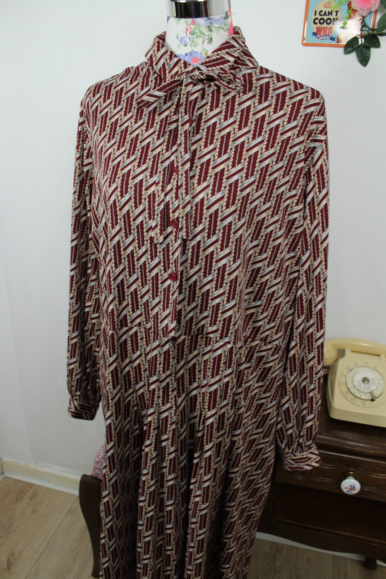 🍒🌸Robe vintage col lavallière 70's - motifs géométriques - Taille 44/46🌸🍒