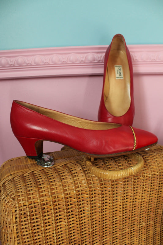Escarpins vintage années 80 petit talon - rouge vif & chaine dorée style pin-up - pointure 38.5