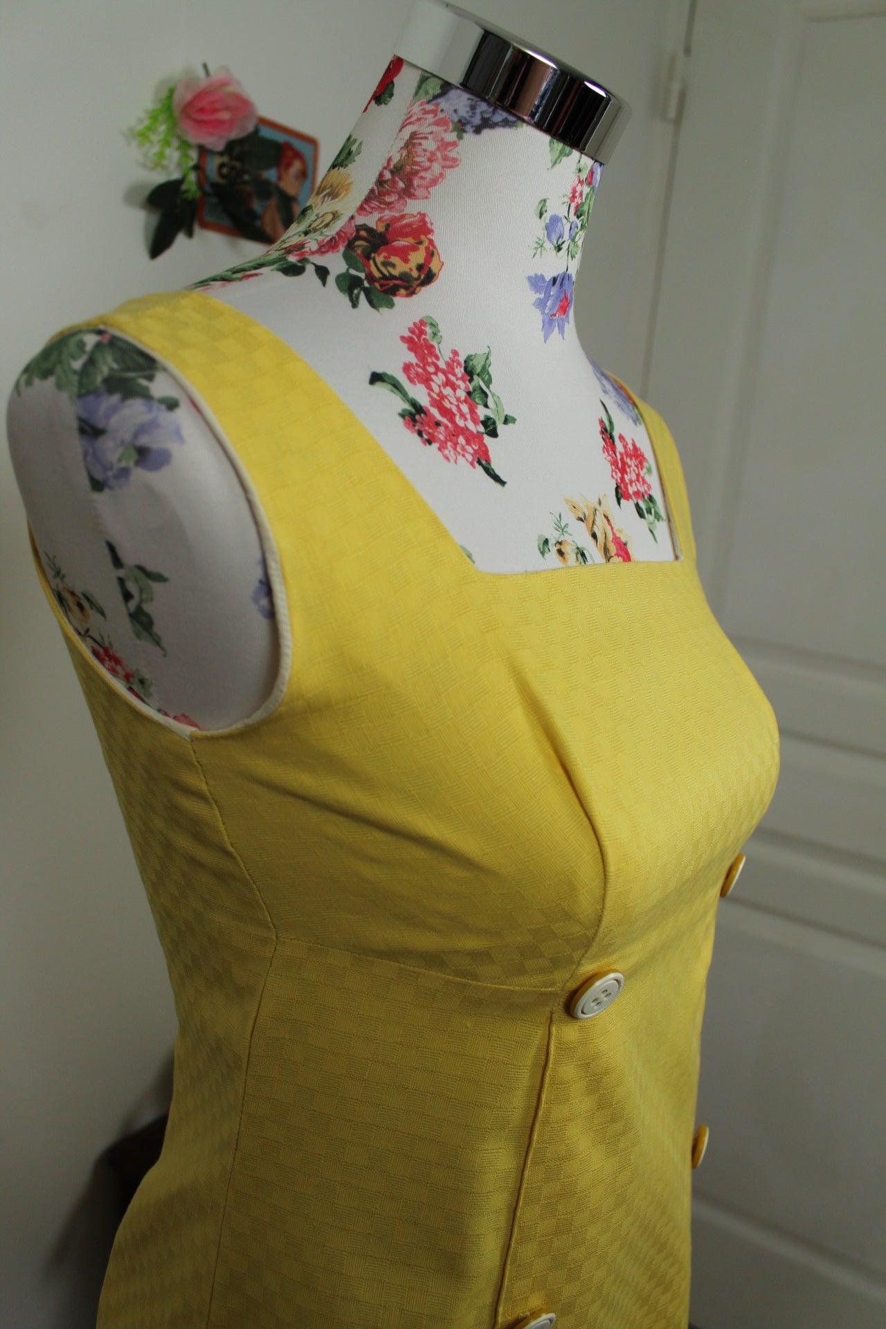 🌸🍒Robe vintage 60's jaune soleil carreaux tissés - Taille 34/36🍒🌸