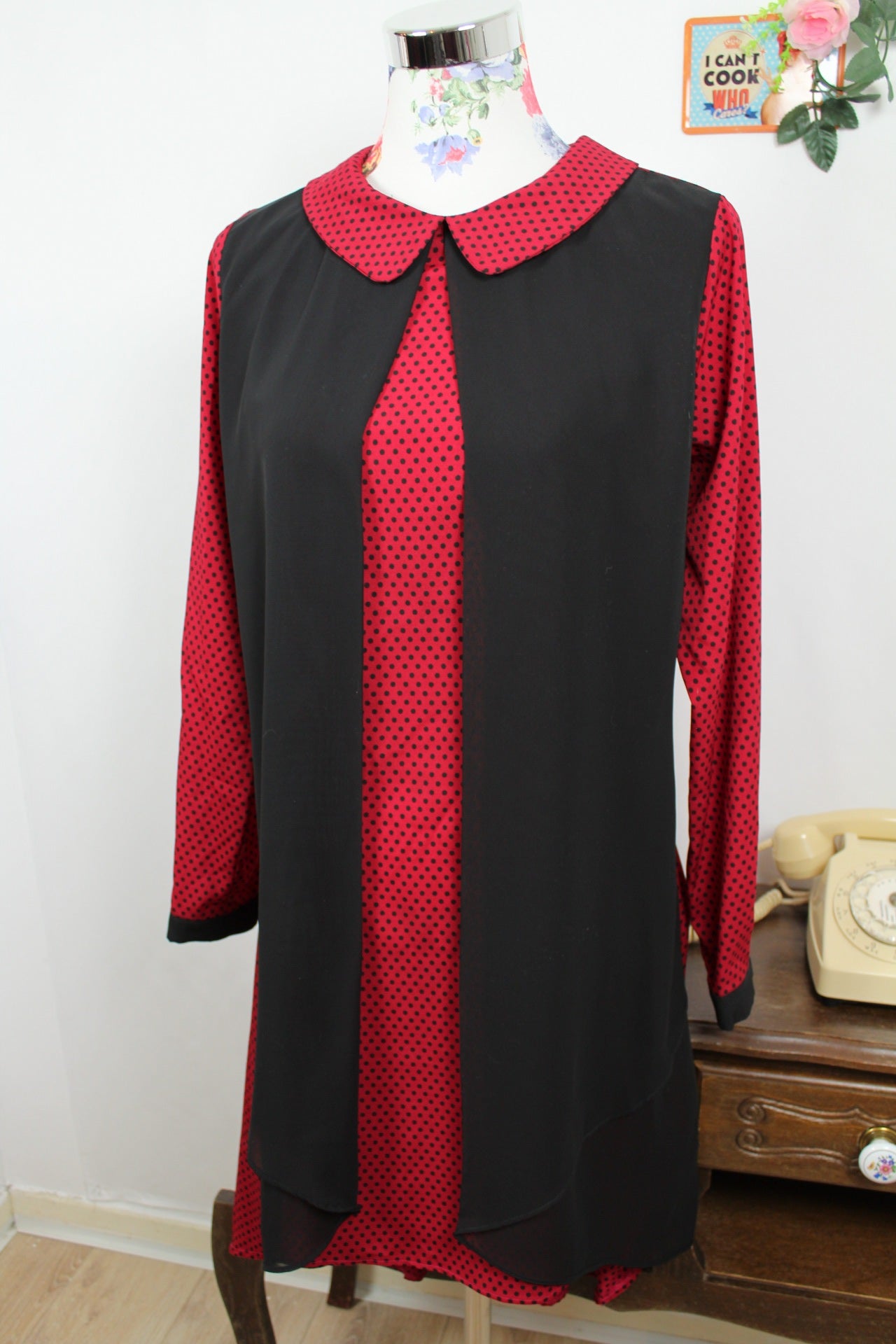 🍒🌸Robe vintage 80's pois rouge & noir - col claudine style pin-up rockabilly - Taille 38/40🌸🍒