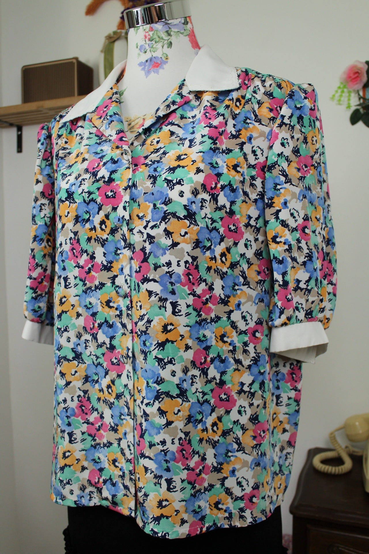 🍒🌸Chemisier vintage fleuri 70's à manches bouffantes - Maison du Jersey - Taille 42/44🌸🍒