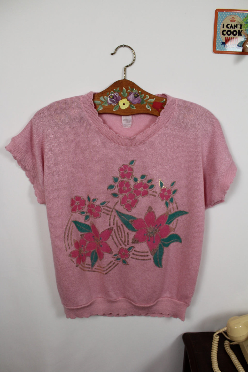 🌸🍒Pull vintage fleuri rose 70/80s en coton🍒🌸