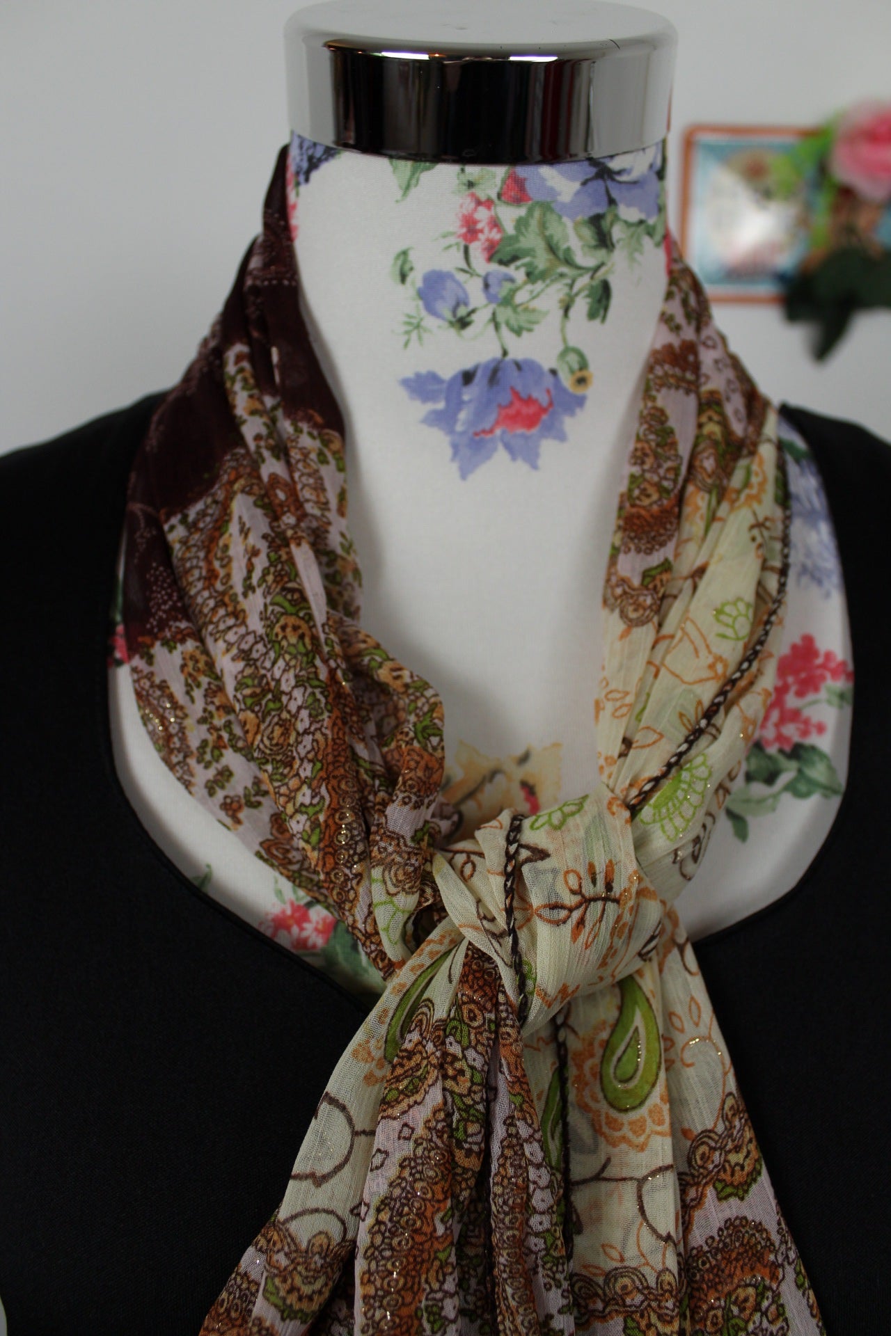 🌸🍒Long foulard coloré paisley fleuri & dorures🍒🌸
