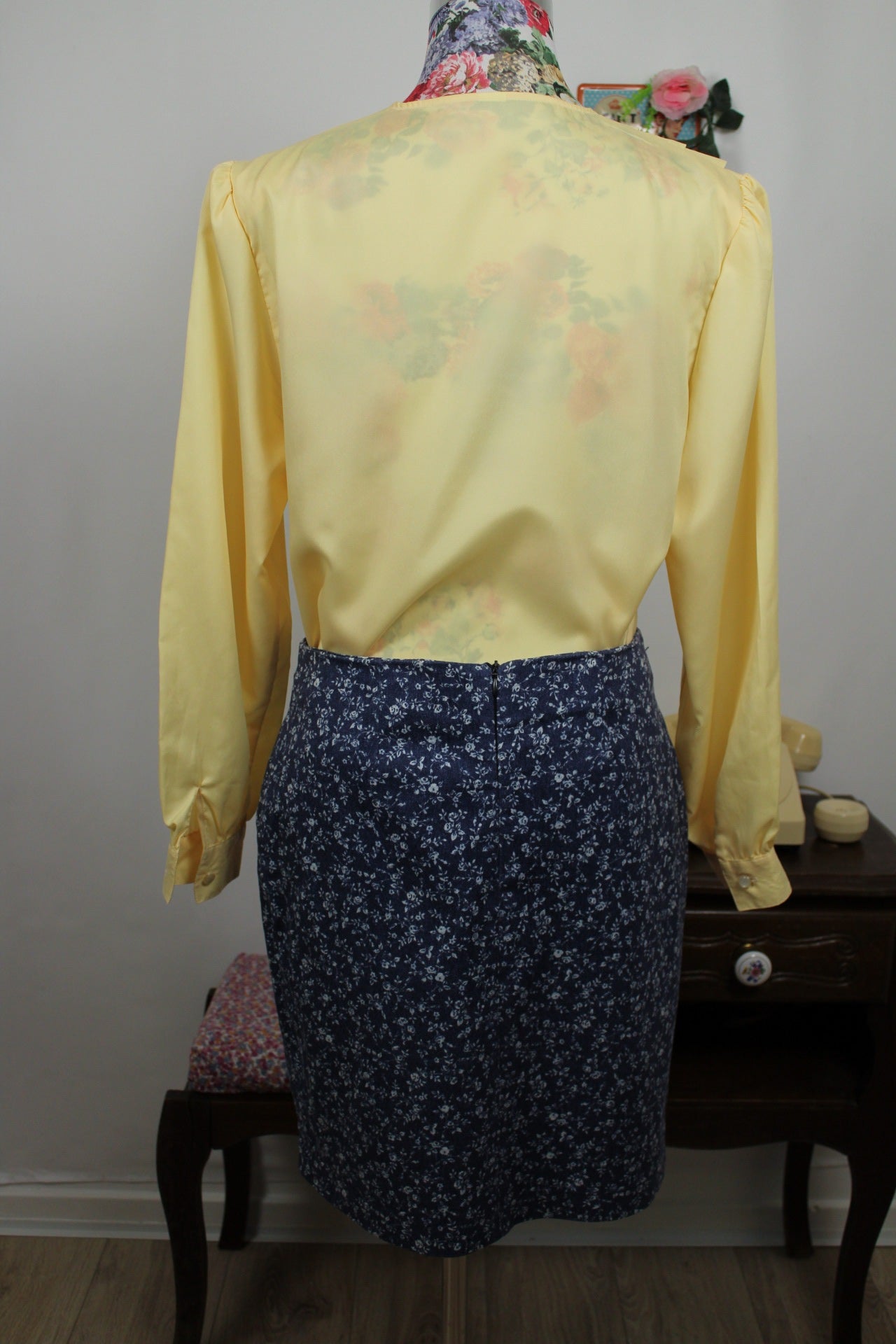 🌸🍒Jupe vintage 90's Nina Kalio en denim effet fleuri liberty - Taille 40🍒🌸
