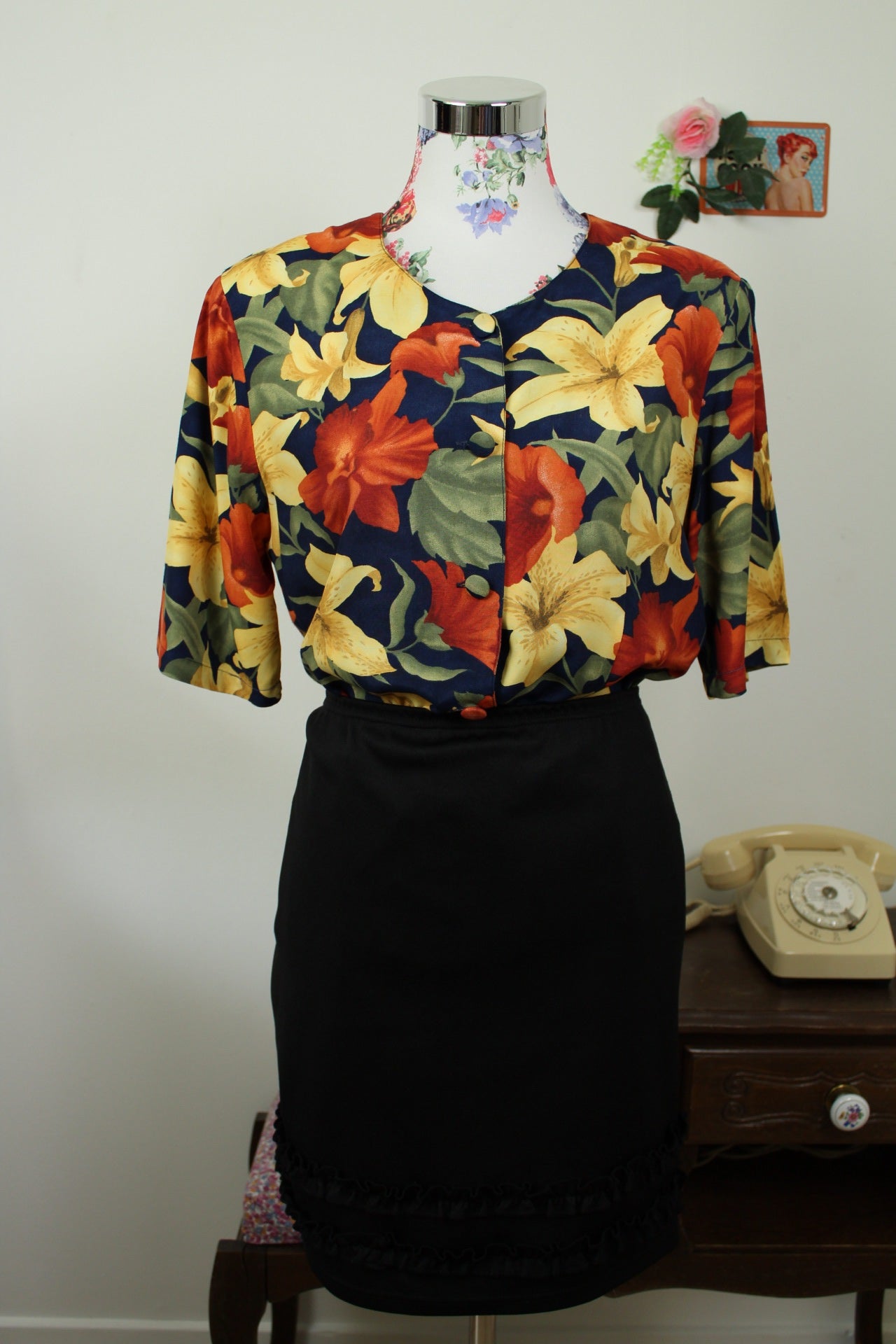 🌸🍒Chemise vintage 90's fleurs de Lys XXL tons chauds - Taille 38/40🍒🌸