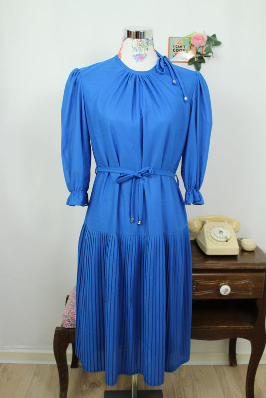 🌸🍒Robe bleue plissée vintage 70/80's manches bouffantes - Taille 40/42🍒🌸