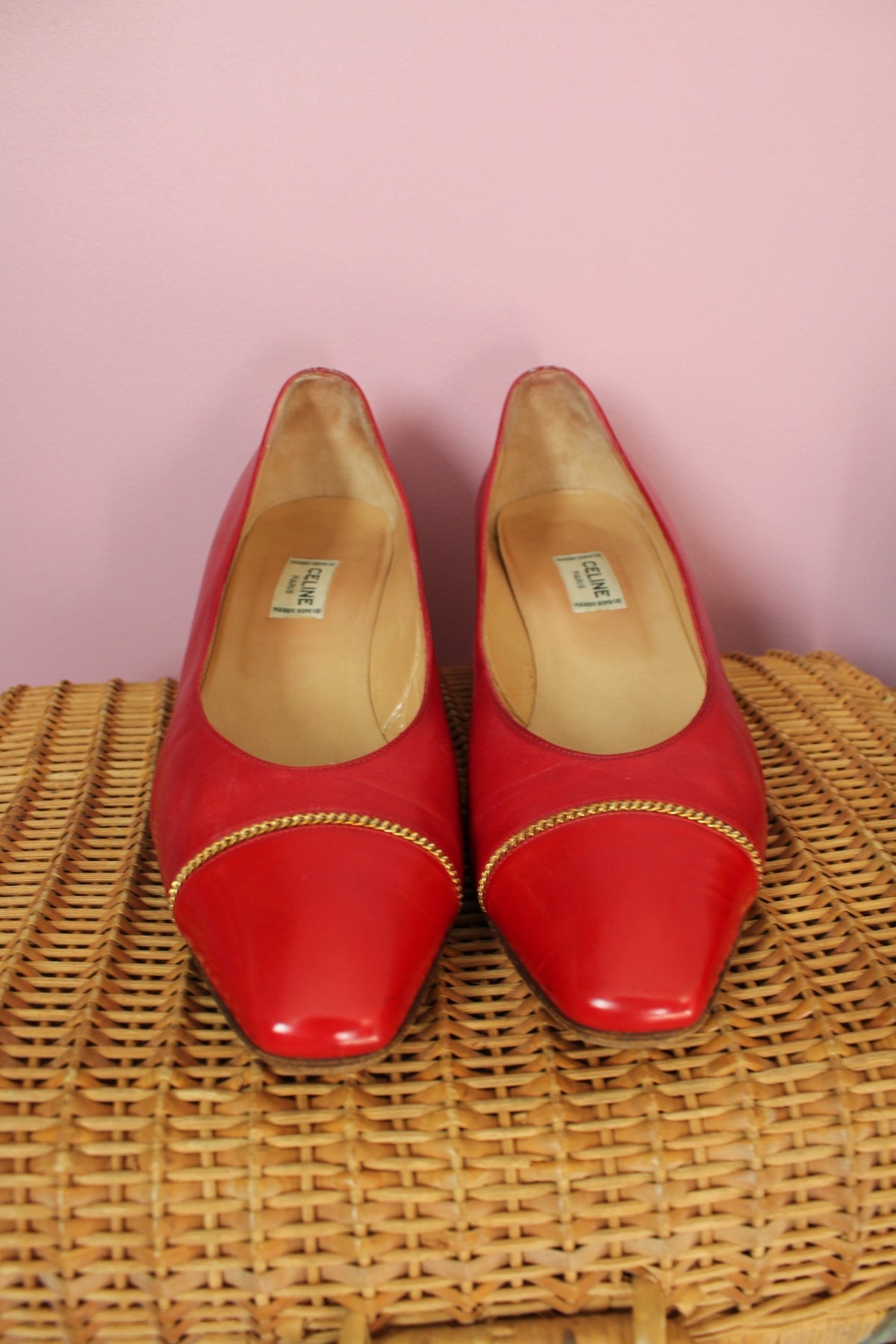 Escarpins vintage années 80 petit talon - rouge vif & chaine dorée style pin-up - pointure 38.5