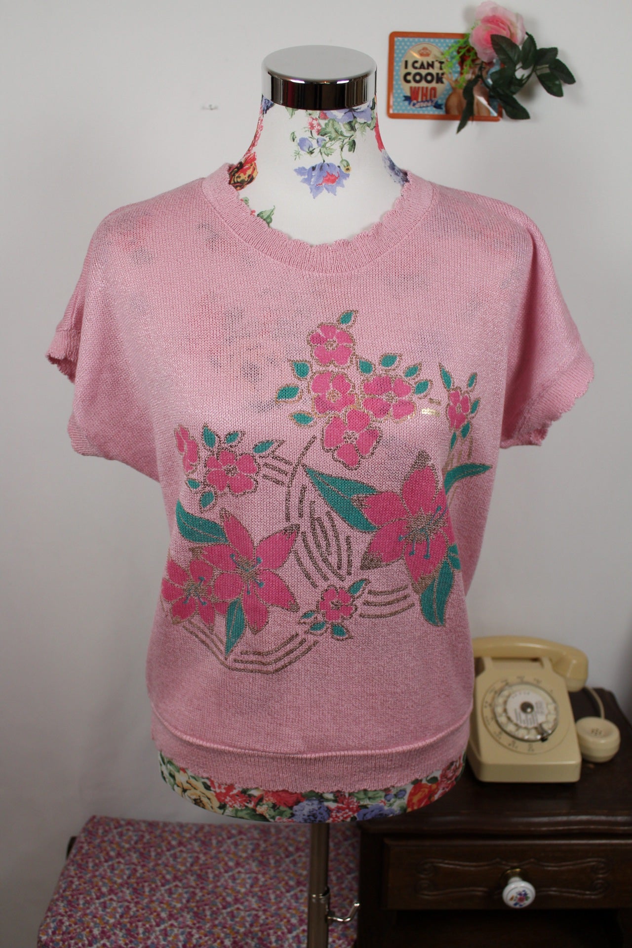 🌸🍒Pull vintage fleuri rose 70/80s en coton🍒🌸