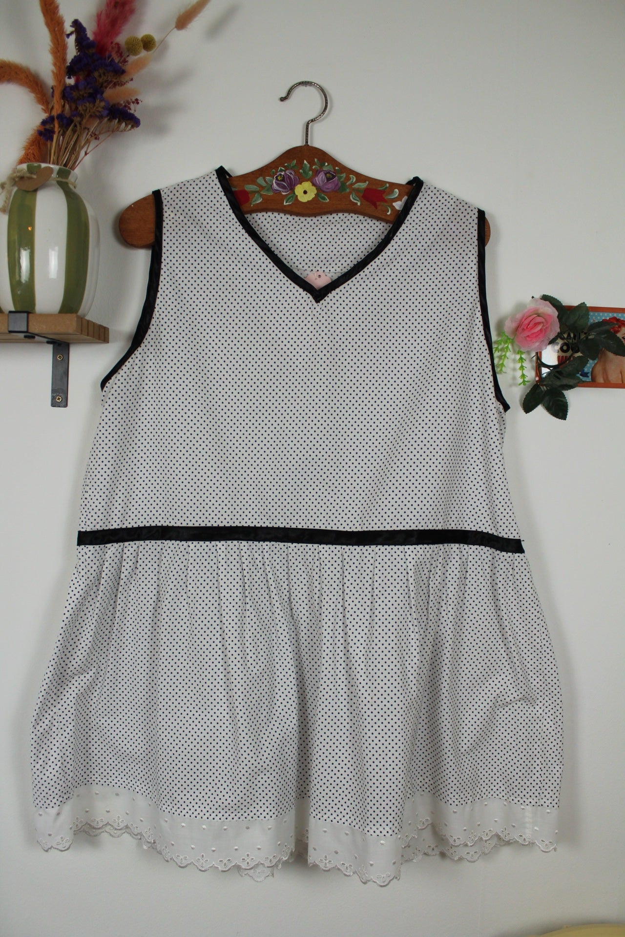 🌸🍒Robe courte/tunique vintage 90's à pois - dentelle en coton + Taille 42/44🍒🌸