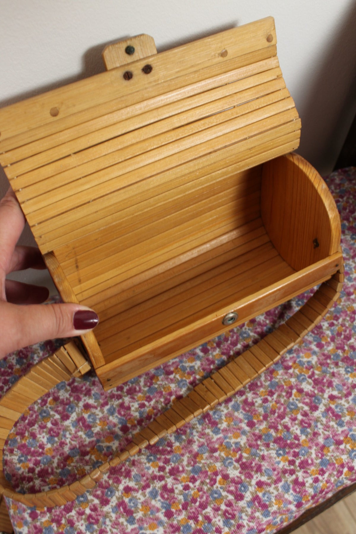 🌸🍒Sac vintage années 60/70 en lames de bois/bambou vernies esprit bohème🍒🌸