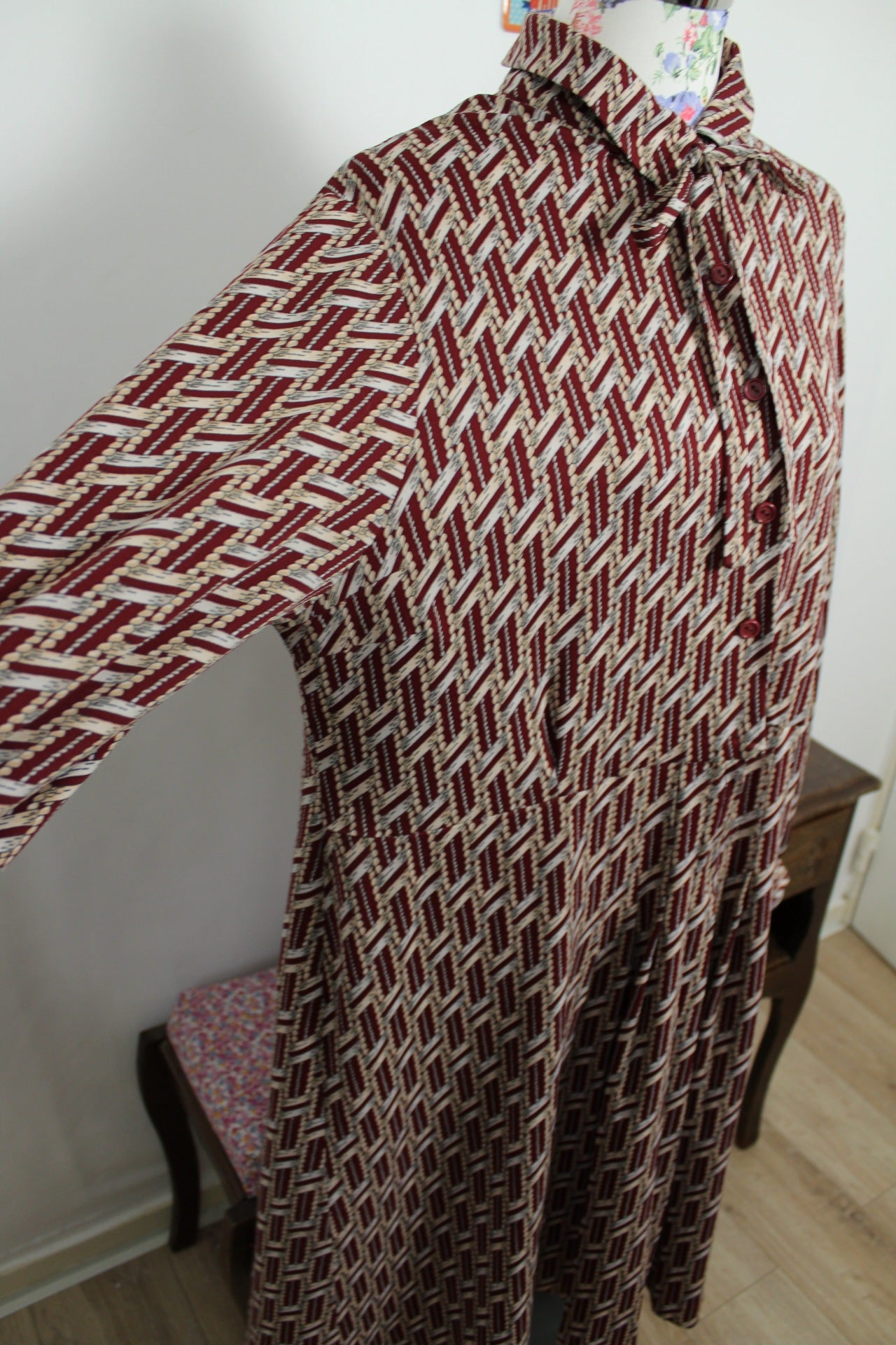 🍒🌸Robe vintage col lavallière 70's - motifs géométriques - Taille 44/46🌸🍒
