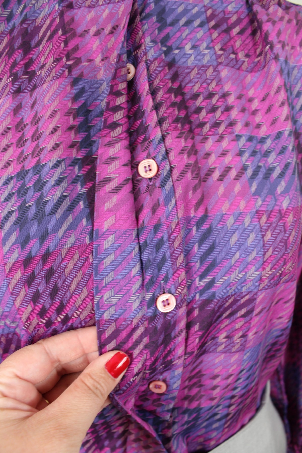 Chemise vintage années 80 violet à carreaux tartan col officier - Taille 38