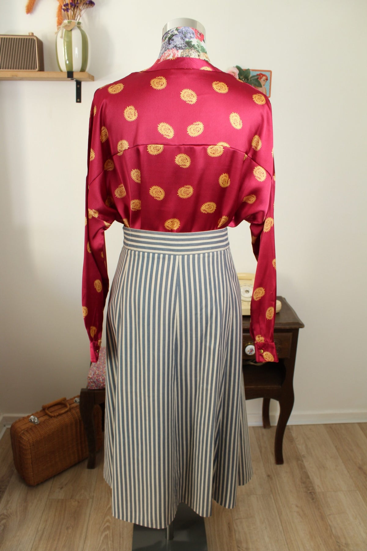 Jupe midi Navy vintage années 90 esprit marin à rayures en lin - Taille 42