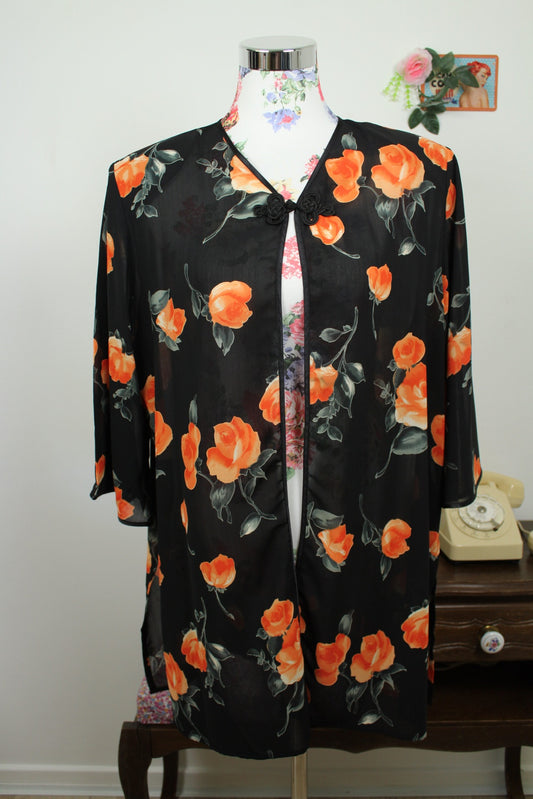 🌸🍒Cardigan vintage 80/90's voile noir transparent & roses en aquarelle - Taille 42/44🍒🌸