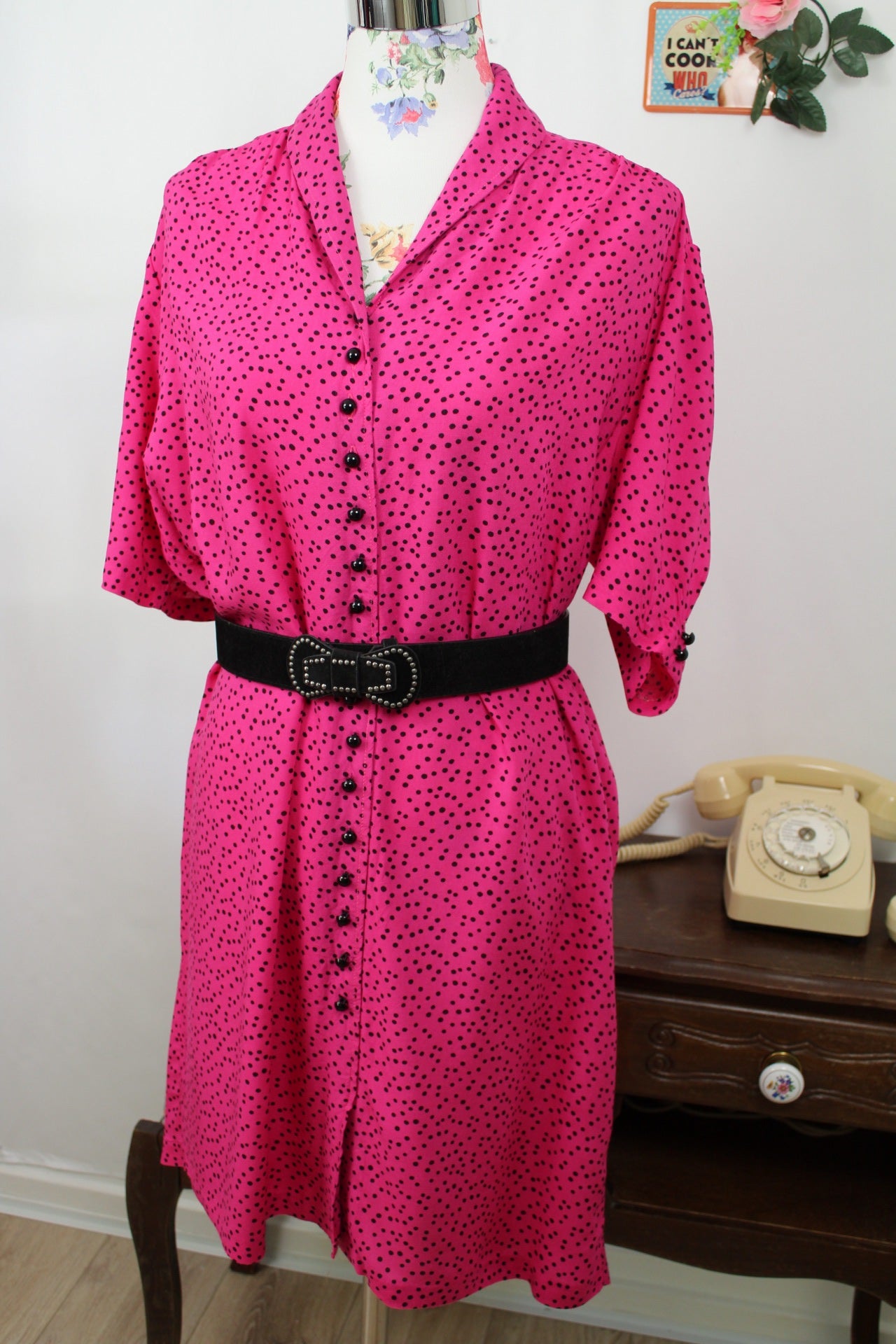 🌸🍒Robe vintage 80's rose pep's et pois style pin-up/rockabilly 50's - Taille 42/44🍒🌸