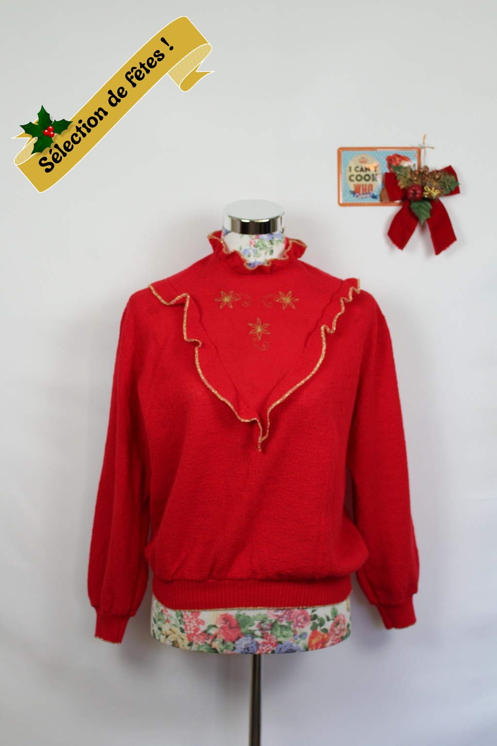 ✨Pull rouge vintage 80's à volants & fleurs brodées dorées - pull de fêtes ✨