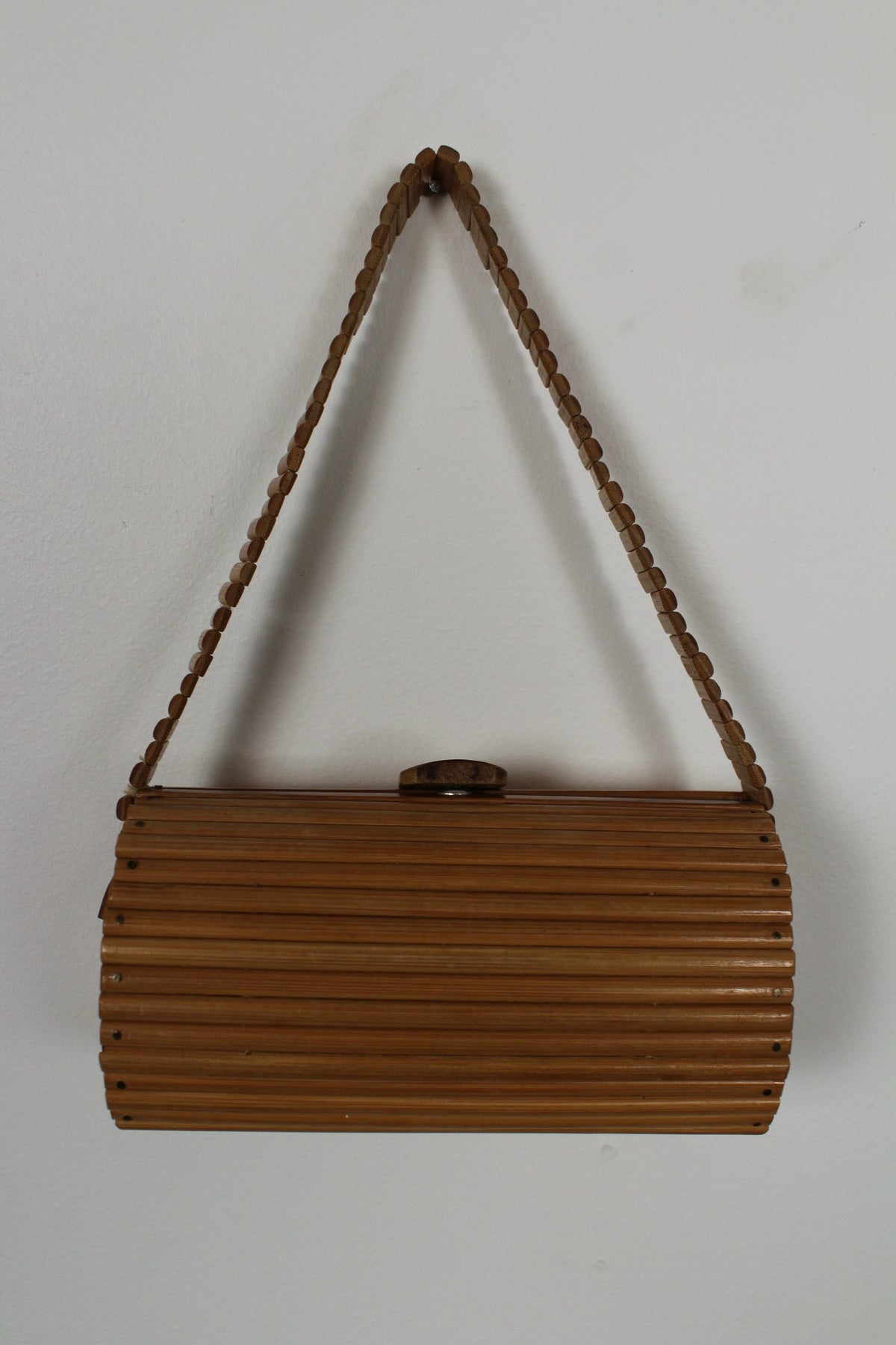 🌸🍒Sac vintage années 60/70 en lames de bois/bambou vernies esprit bohème🍒🌸