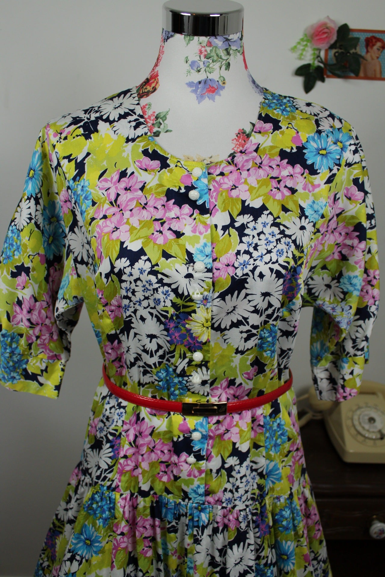 🌸🍒Robe vintage 80's fleurie Gevana - manches bouffantes 100% coton - Taille 38/40🍒🌸