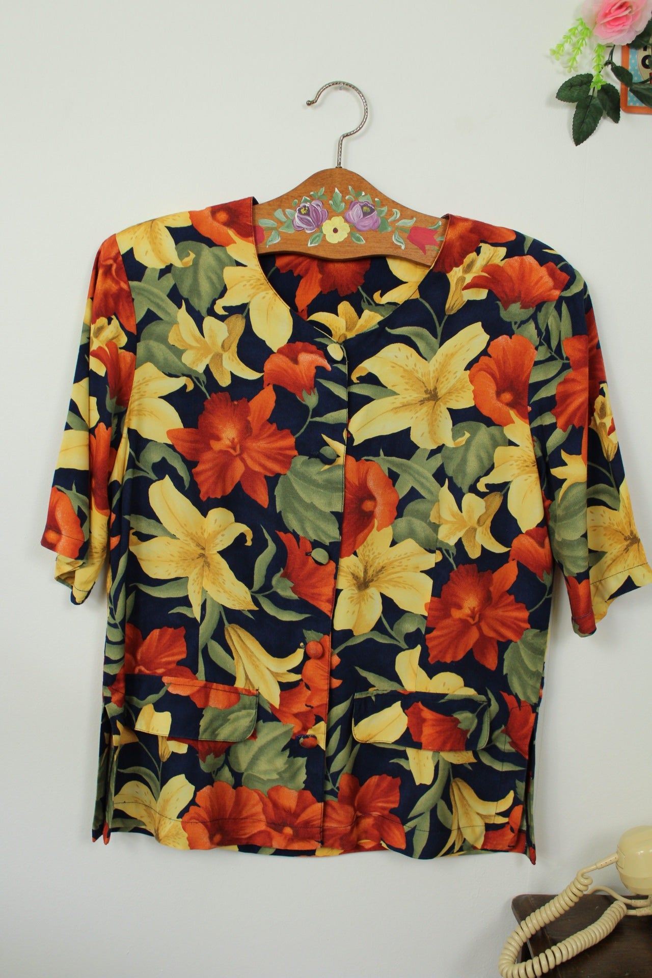 🌸🍒Chemise vintage 90's fleurs de Lys XXL tons chauds - Taille 38/40🍒🌸