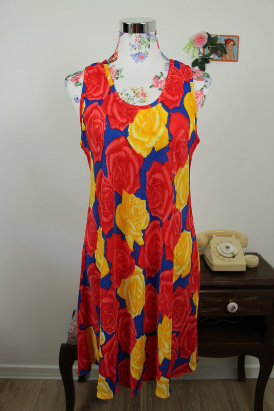 🌸🍒Robe vintage 90's roses colorées XXL fluide & côtelée - Taille 38 à 42🍒🌸