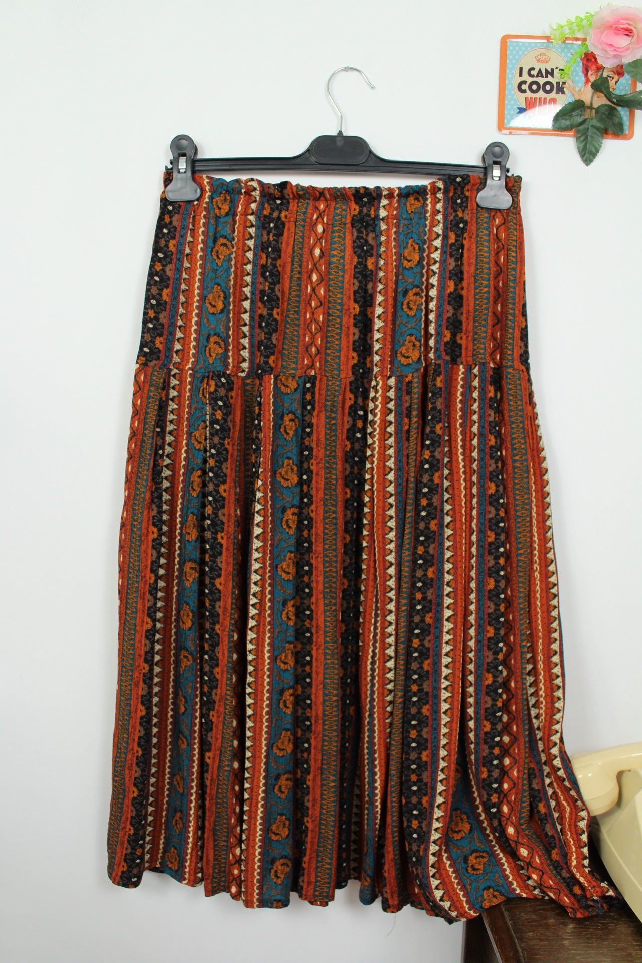 🌸🍒Jupe midi vintage 70's bohème folk terracotta & turquoise - Taille 36 à 40🍒🌸