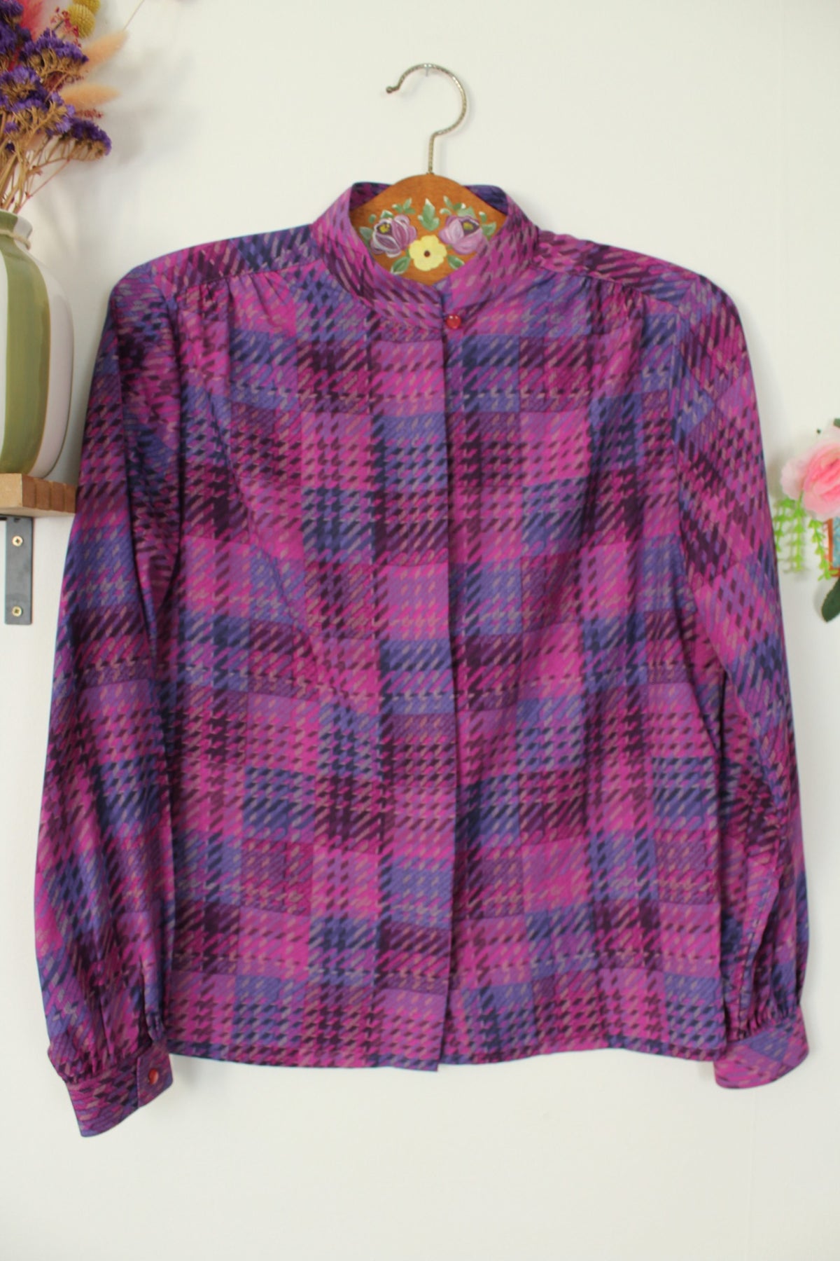 Chemise vintage années 80 violet à carreaux tartan col officier - Taille 38