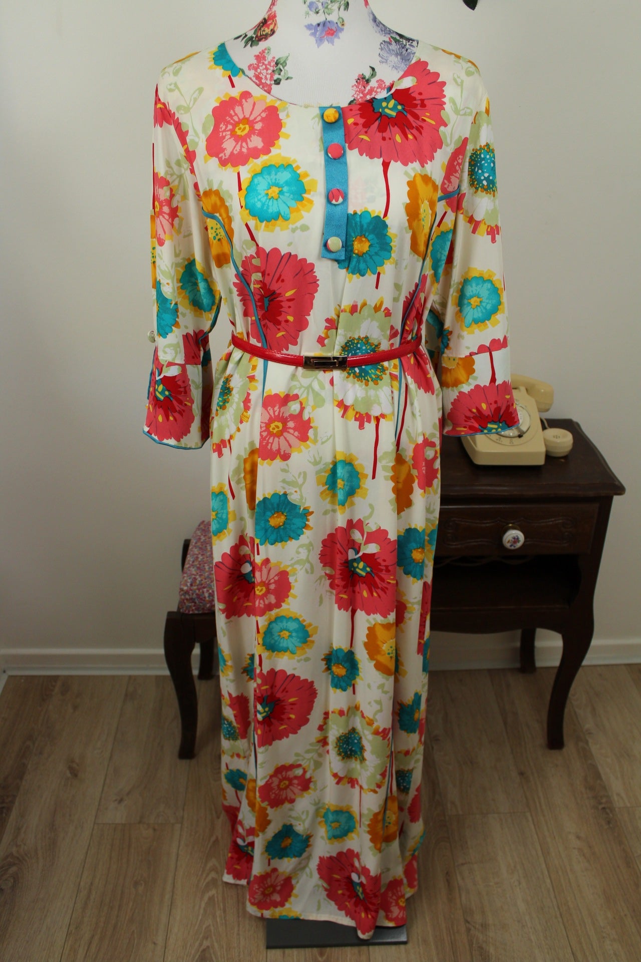 🌸🍒Robe vintage longue 70's hippie motif floral XXL coloré - T.42/44🍒🌸