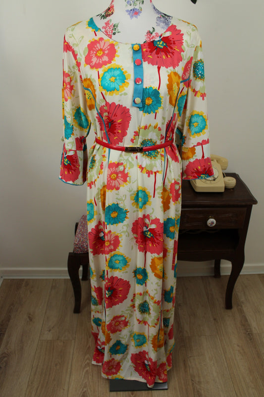 🌸🍒Robe vintage longue 70's hippie motif floral XXL coloré - T.42/44🍒🌸