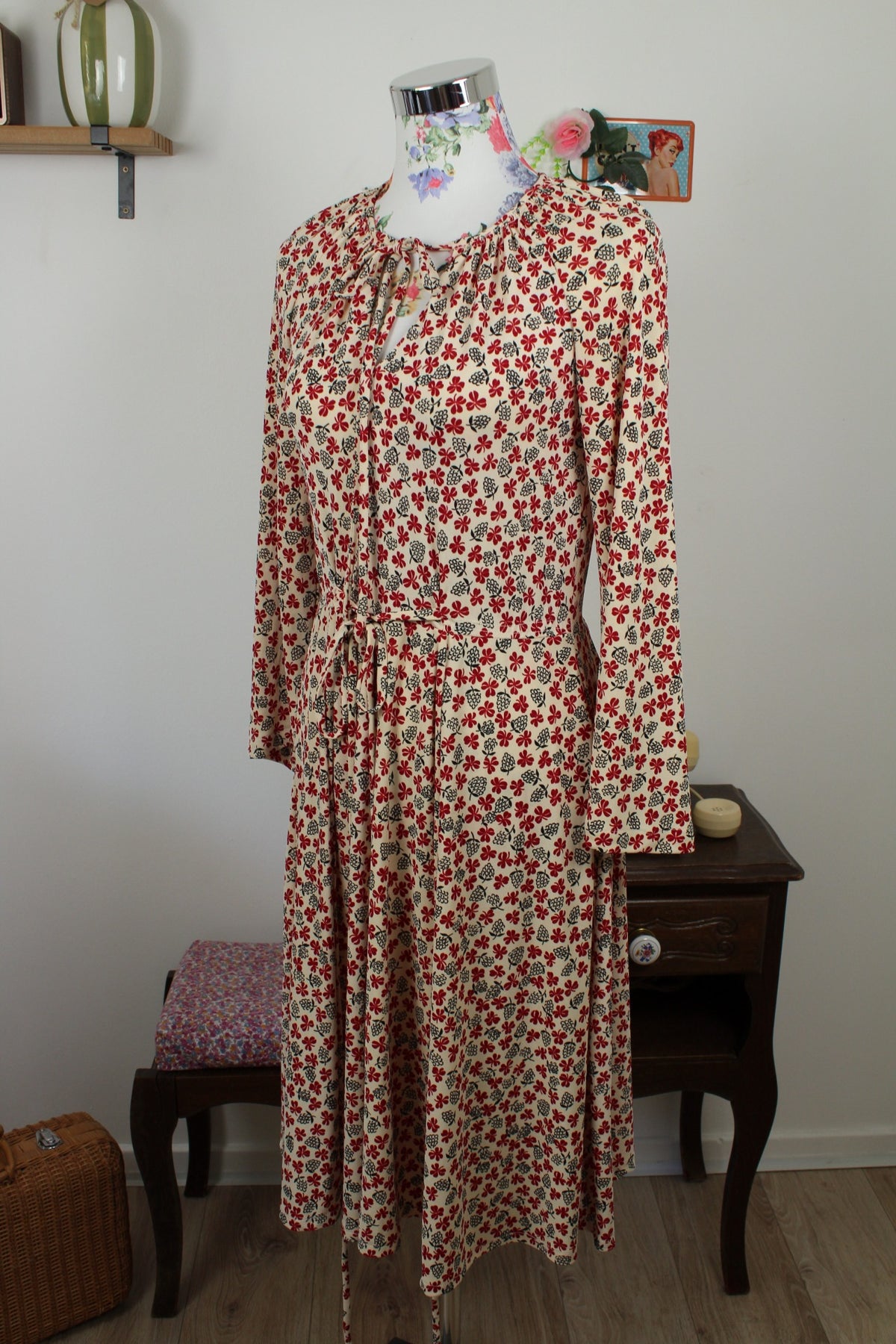 Robe vintage années 70 champêtre romantique - trèfles & pommes de pin - Taille 36/38