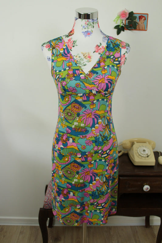 🌸🍒Robe vintage 70's psychédélique multicolore pep's - objets & fleurs - Taille 34/36🍒🌸