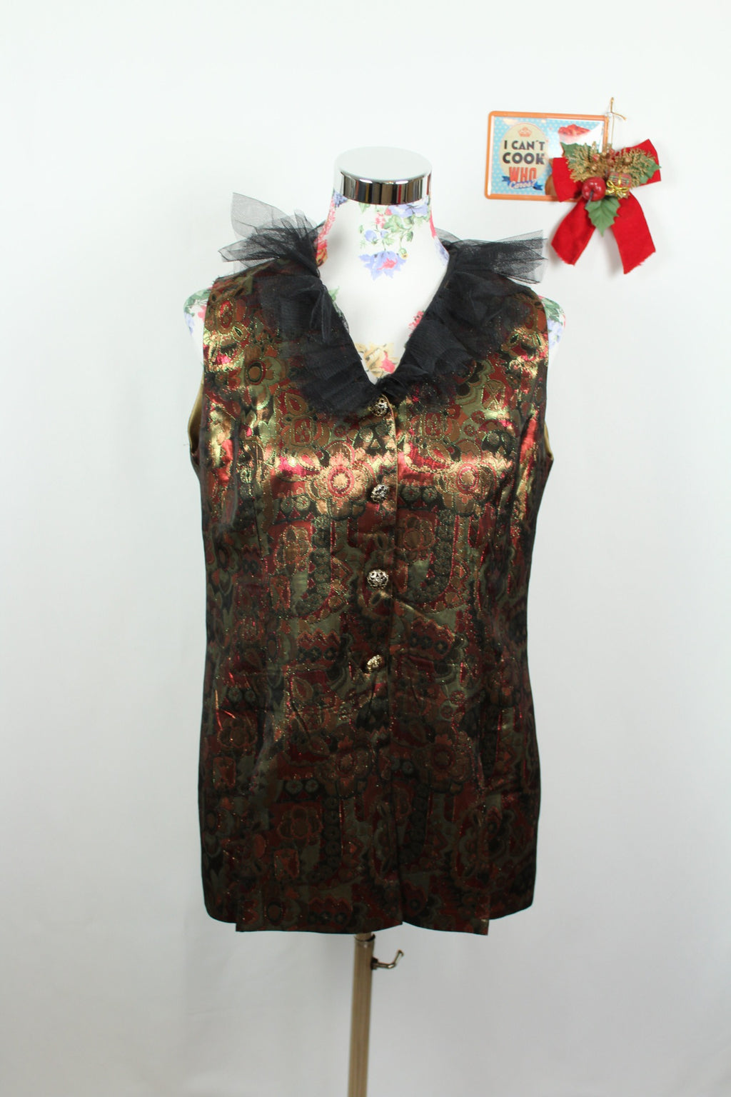 ✨Gilet brocart vintage 70's doré motifs baroques & col volanté tulle noir ✨