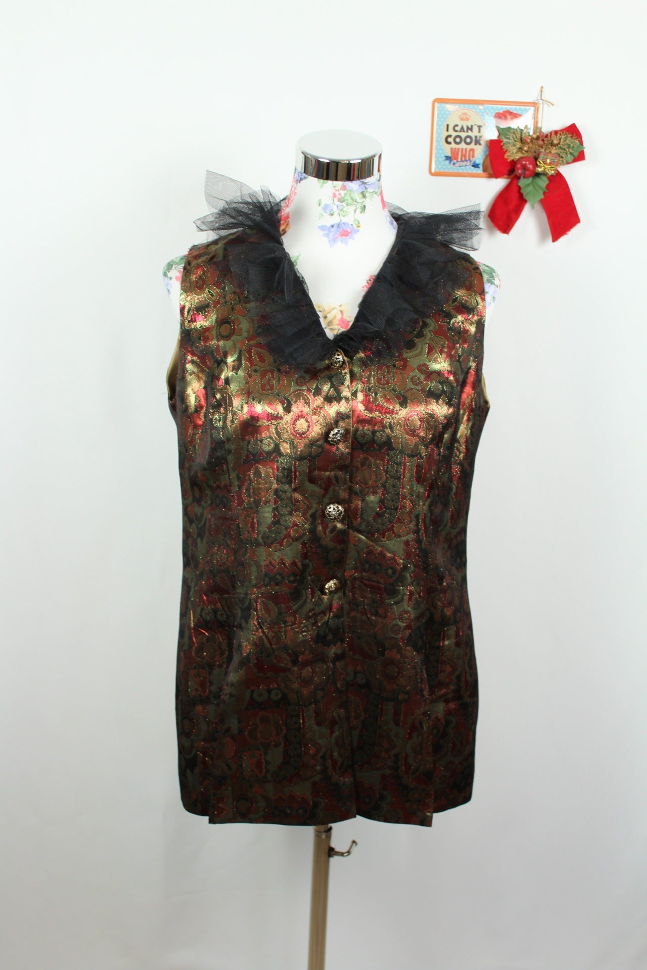 ✨Gilet brocart vintage 70's doré motifs baroques & col volanté tulle noir ✨